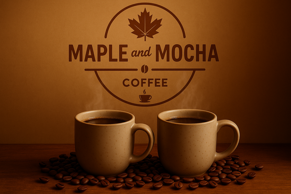 Scenic coffee image with cups positioned under the logo