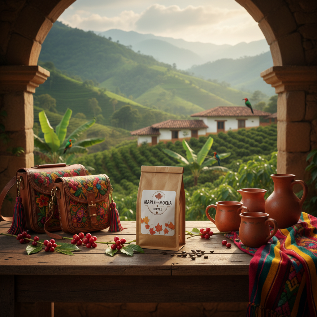 Organic Colombia Mesa de los Santos Coffee displayed with traditional items in a scenic mountainous landscape.
