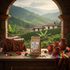 Organic Colombia Mesa de los Santos Coffee displayed with traditional items in a scenic mountainous landscape.