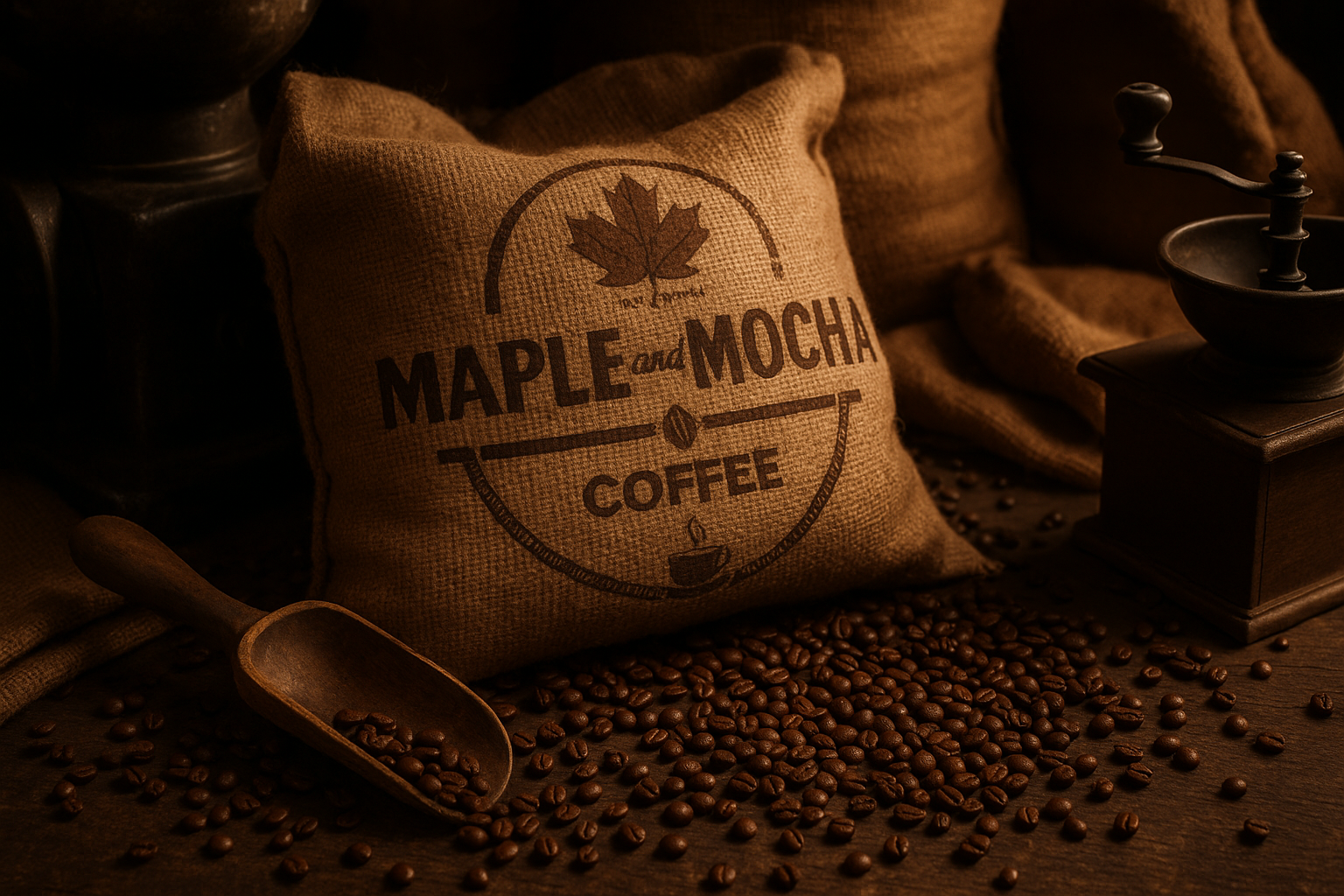 Rustic Coffee Scene with Your Logo on Burlap Sack